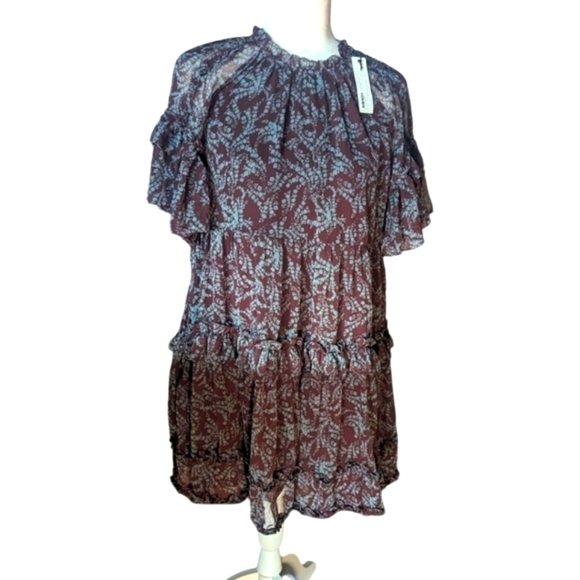 New Whimsigoth Mini Dress ruffled tiered brown/ blue Print flowy NWT sz S - Picture 11 of 13